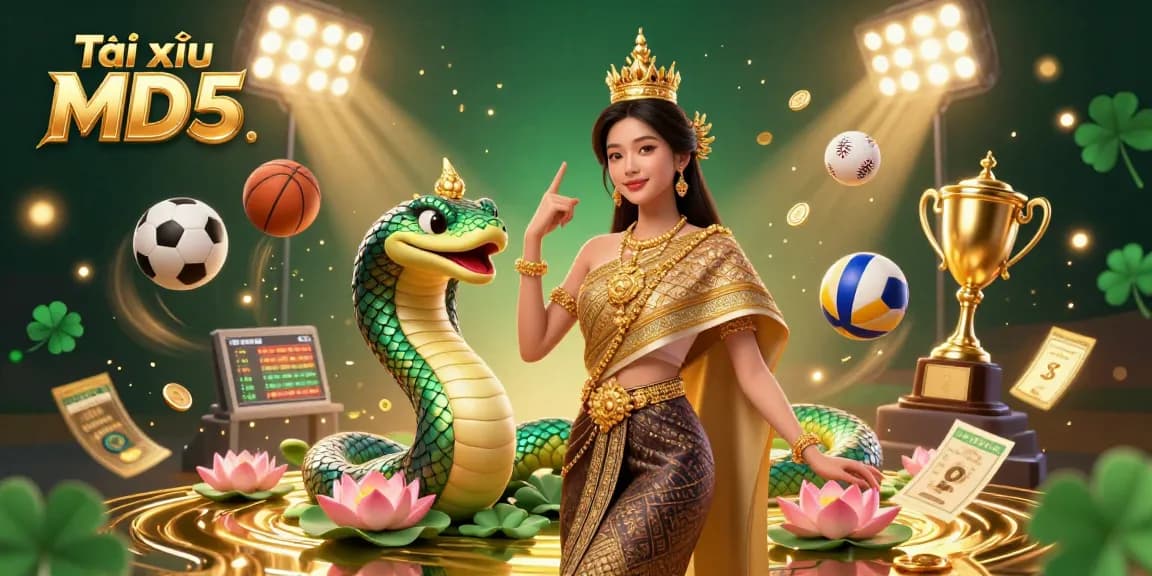 Tài xỉu MD5 showcases a vibrant gambling scene with Asian dancer, Naga serpent, and flying sports elements.