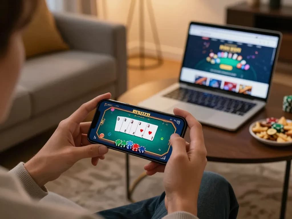 Kuwin online poker game displayed on smartphone with engaging graphics and cozy home setting.