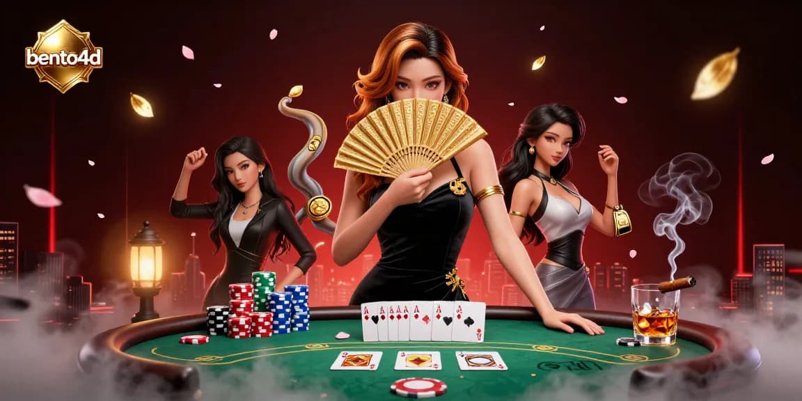 Berinteraksi dengan bento4d dalam adegan kasino 3D yang cerah ini menampilkan elemen poker dan karakter yang dinamis.