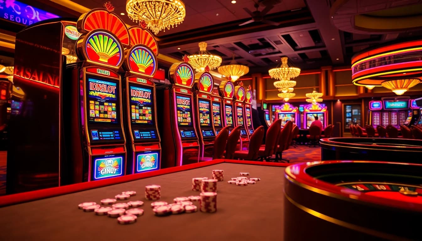 Experience the thrill of IDNSLOT with vibrant slot machines and excited players in a luxurious casino.