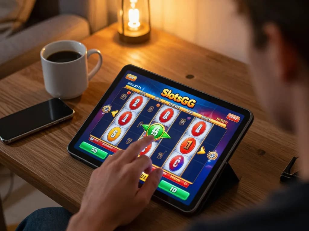 Engaging with SlotsGG on a tablet during an exciting online slots gaming session in a cozy home environment.