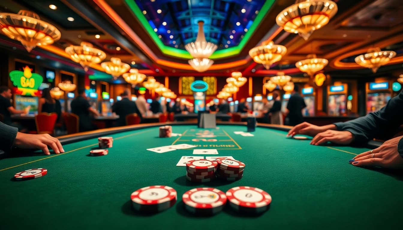 Engaging poker game scene highlighting players and cards in an upscale casino setting.