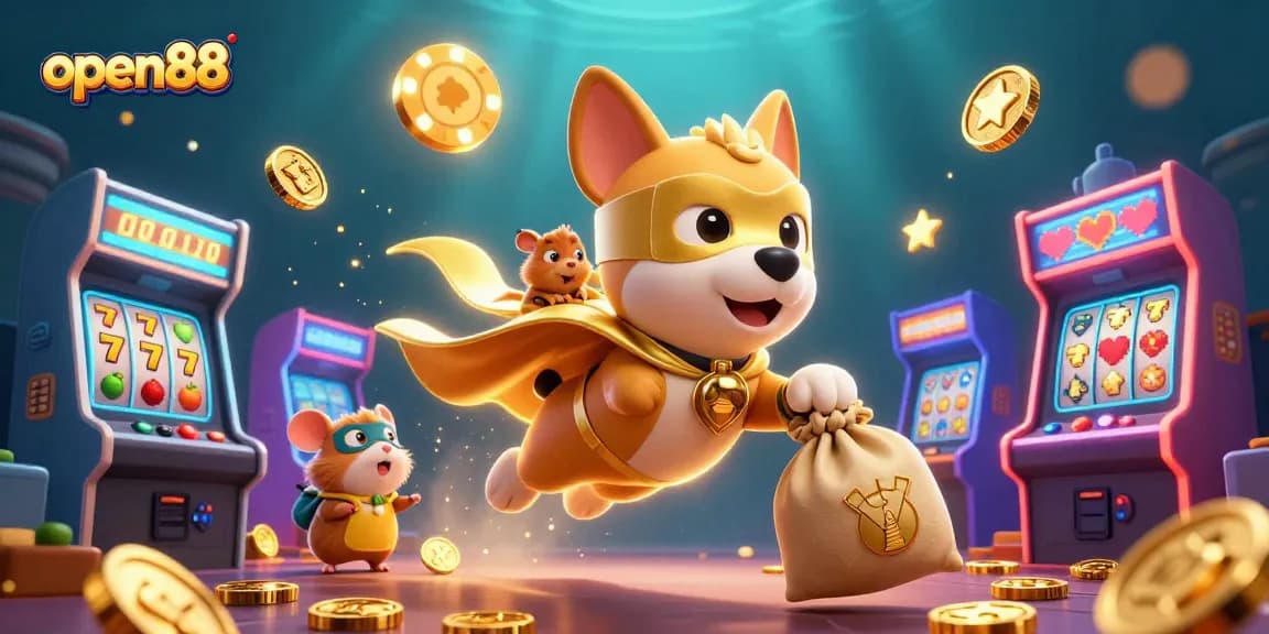 Experience the thrill of open88 with a heroic dog and hamster amidst casino-themed elements.