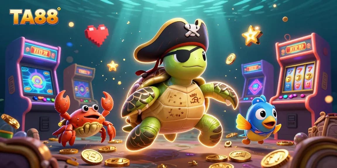 Join the adventure with TA88 as the pirate turtle celebrates online casino wins with vibrant game elements.