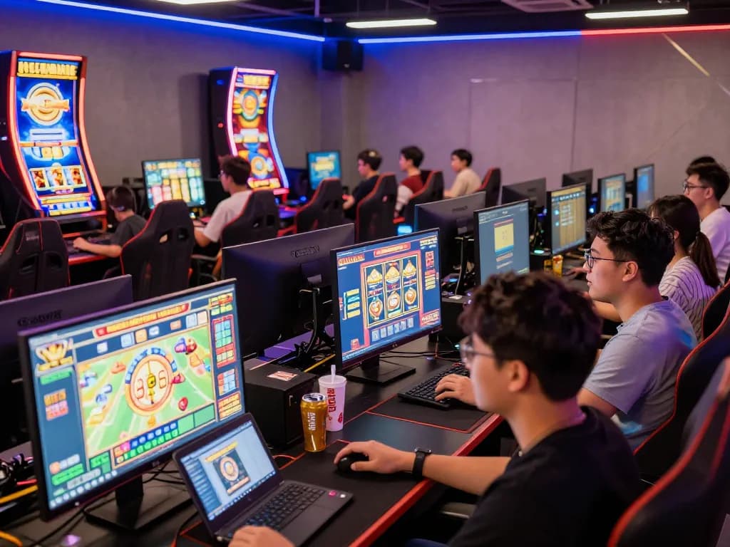 Exciting moment of players engaging with toto togel games in a vibrant gaming lounge.