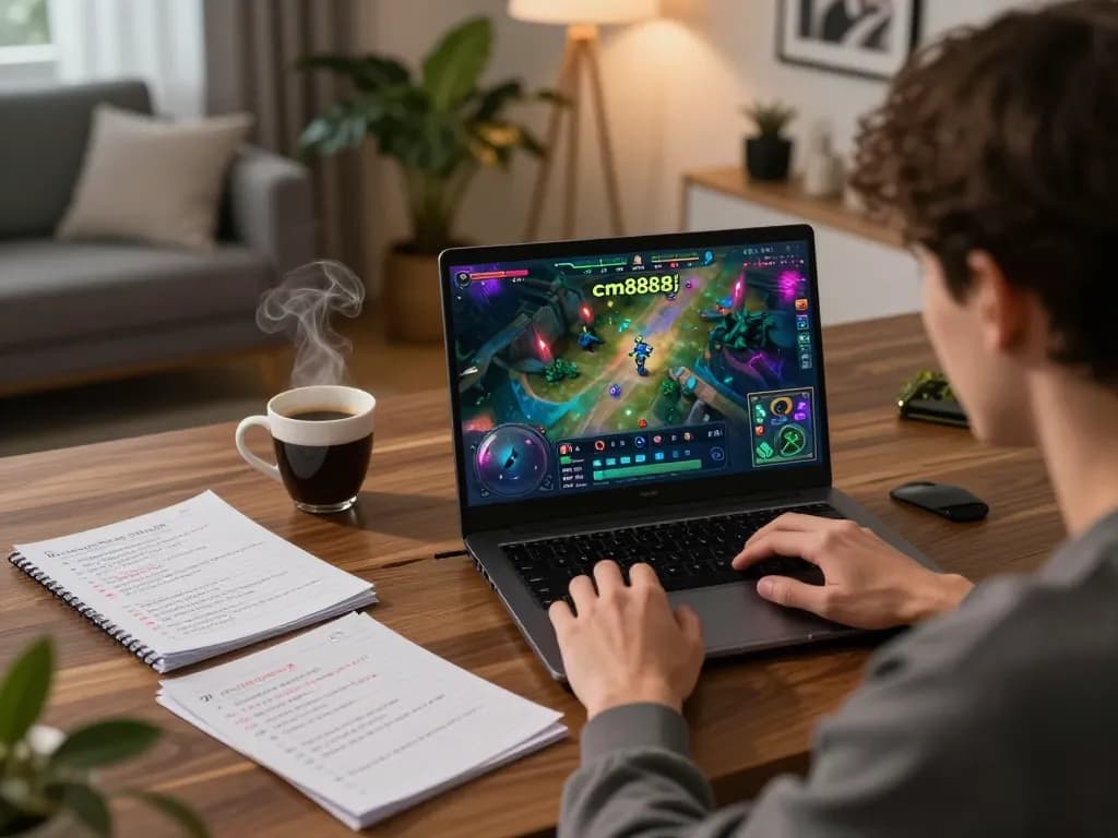 Player engaging with cm8888 on laptop while analyzing betting strategies in a cozy home setting