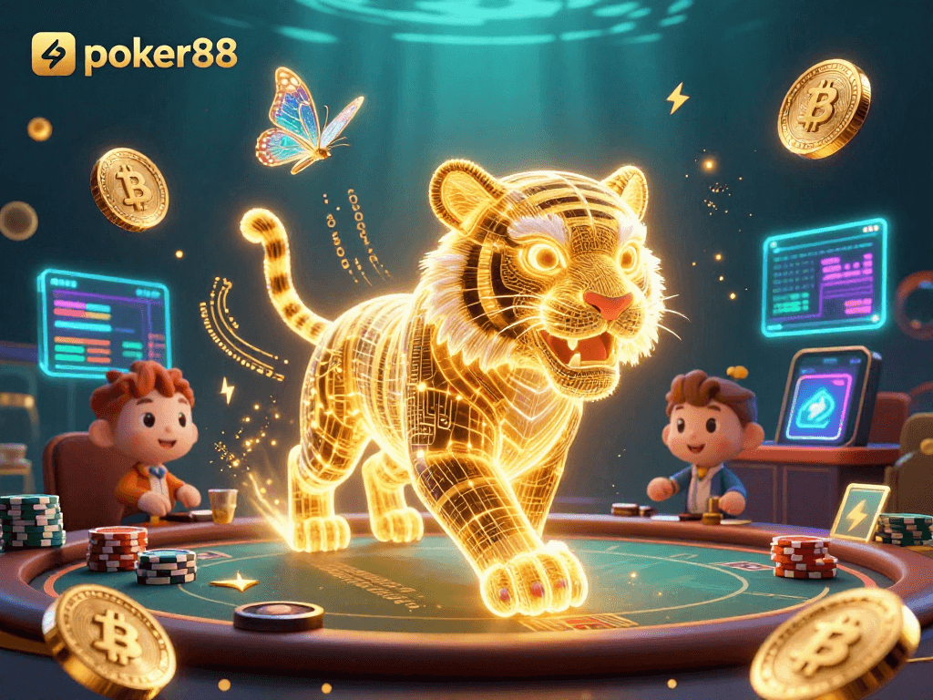 Taruhan poker88 yang seru dengan harimau digital dan elemen kasino futuristik