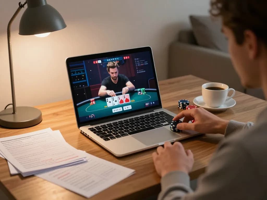 Engaging in MM88 online poker gameplay with strategic notes in a cozy home setup