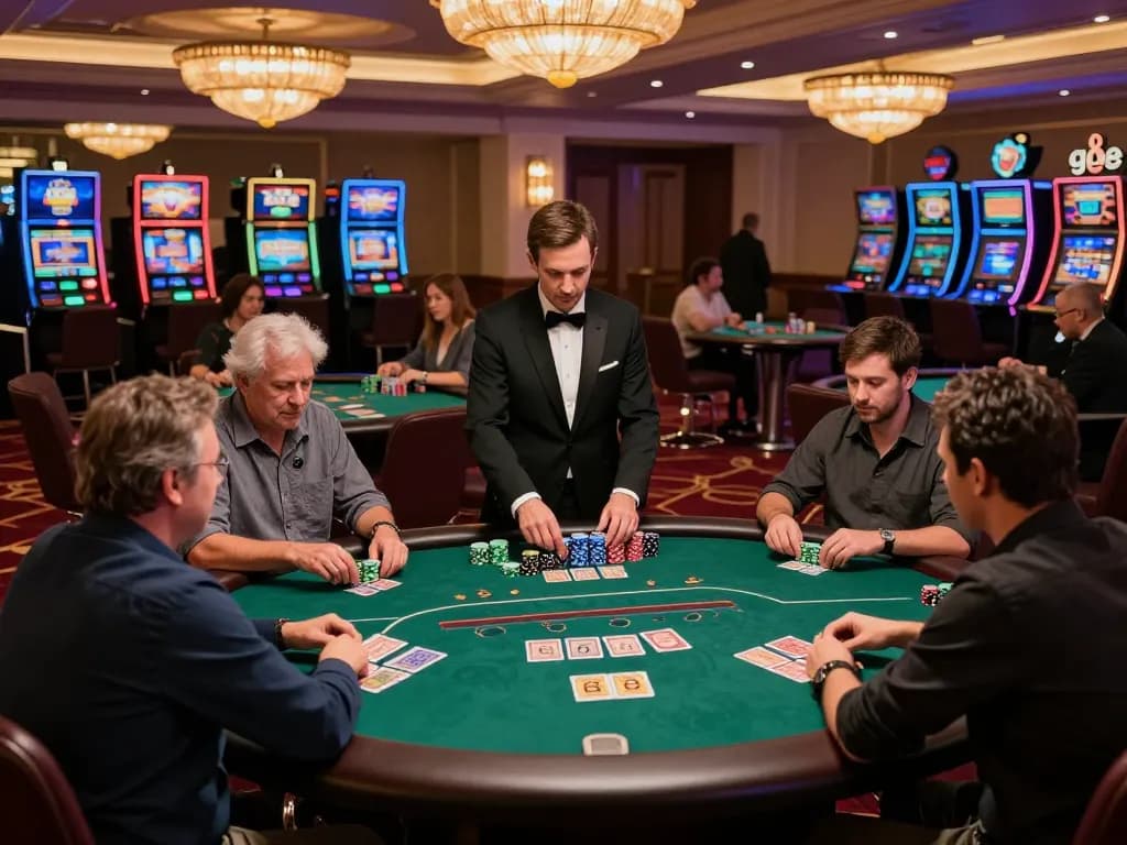 Players enjoying vibrant casino gaming experience at go8s, showcasing poker tables and engaging atmosphere.