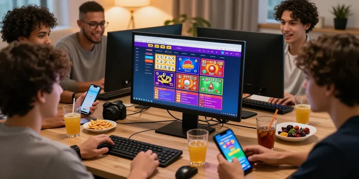 Toto betting excitement with friends engaging on colorful website interface in a cozy home setting.