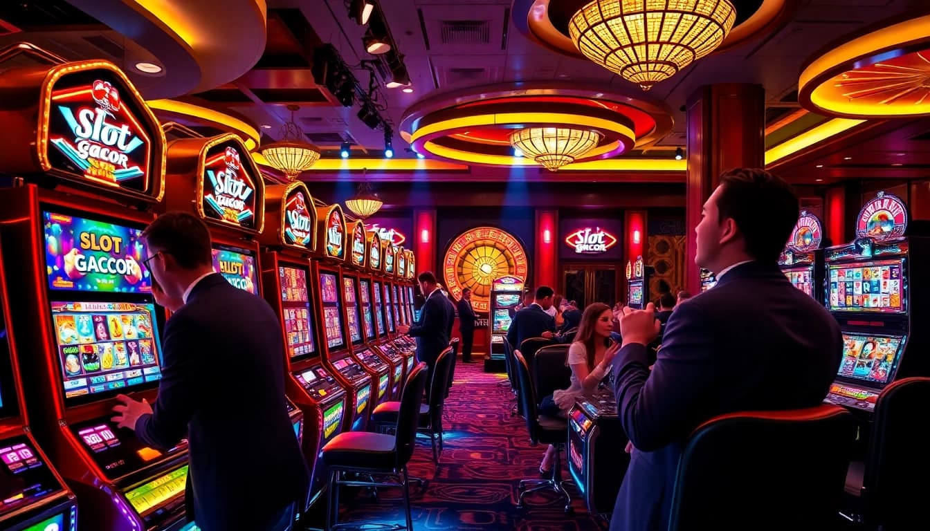 Players enjoying slot gacor in a vibrant casino atmosphere filled with winnings and excitement.