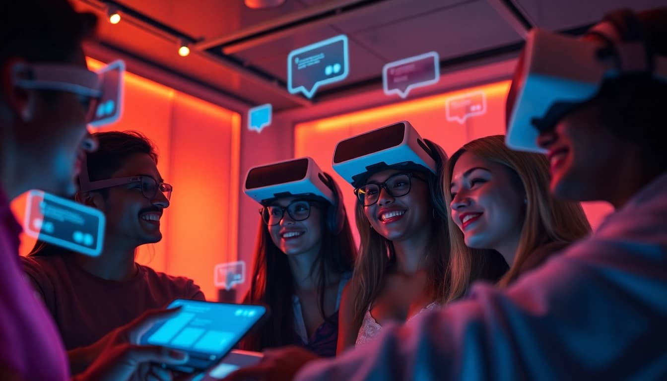 Engaging scene of diverse people enjoying porn AI chat in a modern digital environment.