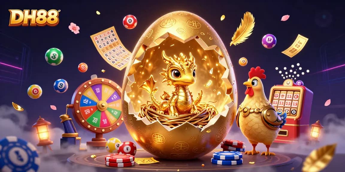 Engage in thrilling gameplay at DH88 with a golden dragon emerging from a nest of poker chips.