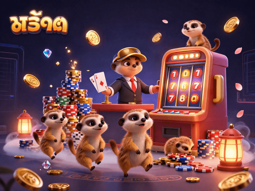 Experience the thrill of สล็อต with this vibrant casino scene featuring meerkats, spinning slots, and golden coins.