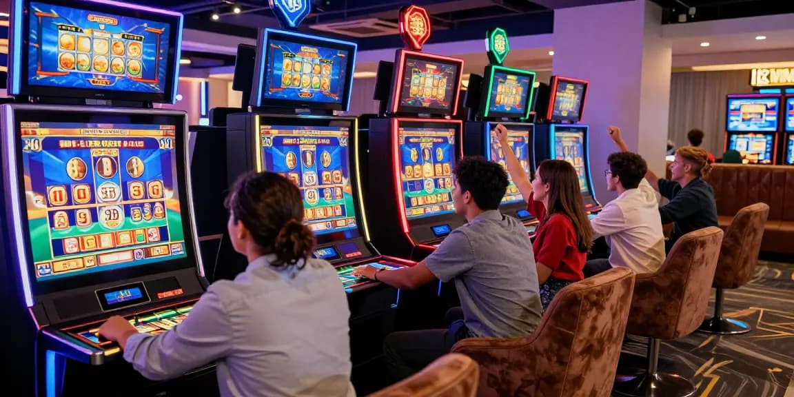 Exciting gameplay at new online casinos UK with diverse players enjoying modern slot machines and gaming atmosphere.