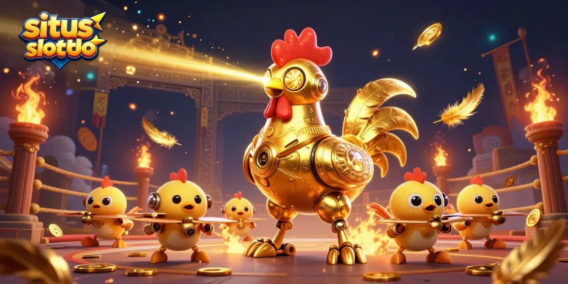 Experience situs slot toto excitement with vibrant visuals of a golden rooster robot and baby chick drones.