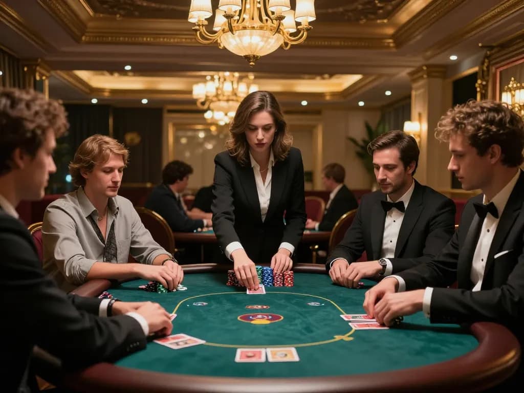 Play poker at an elegant iWin VIP gaming table surrounded by formal players in a luxurious casino.