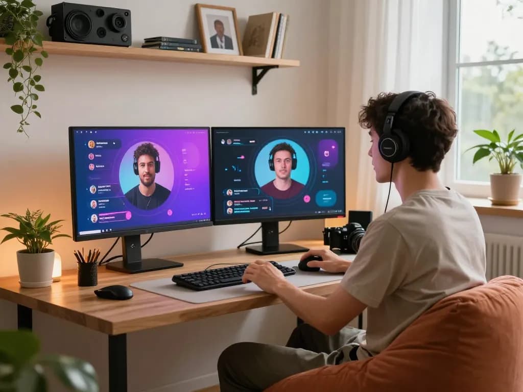 Personalized sex chat AI interaction in a cozy home office setting with modern tech elements.