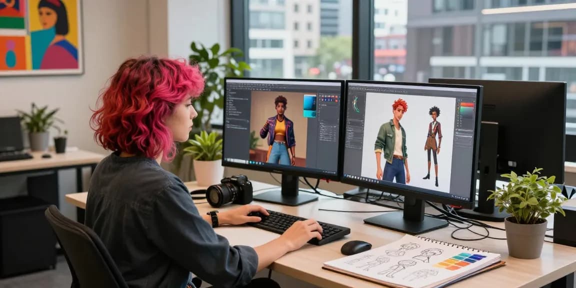 Creating NSFW AI character designs in a vibrant urban workspace, showcasing digital art tools and lively atmosphere.