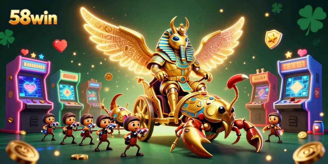 Experience the thrilling games at 58win with a golden beetle in a high-energy casino scene.