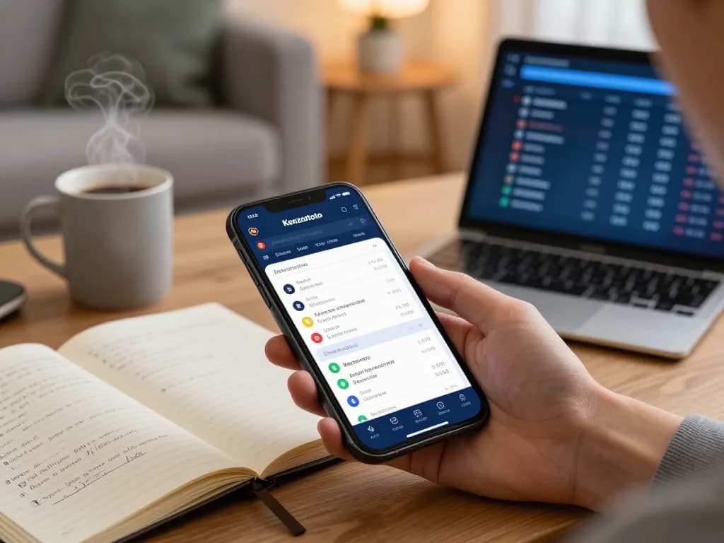 Pengguna Kenzototo aktif memeriksa hasil online di smartphone dalam suasana ruang tamu yang nyaman