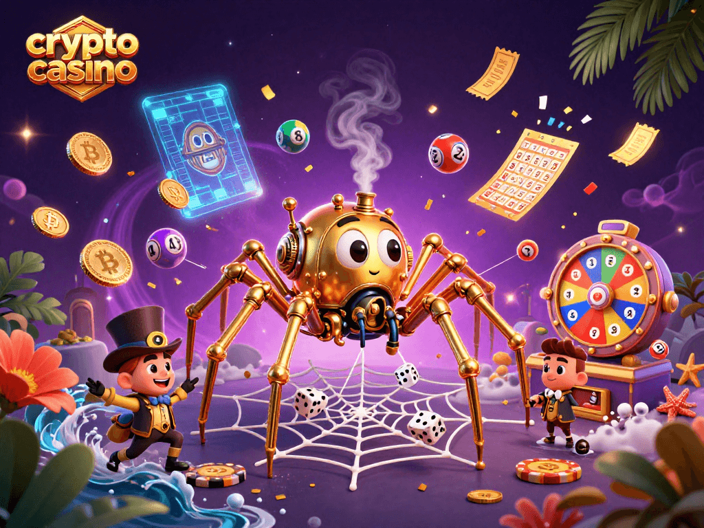 Engage in the crypto casino world with a detailed 3D scene of a golden spider and blockchain visuals.
