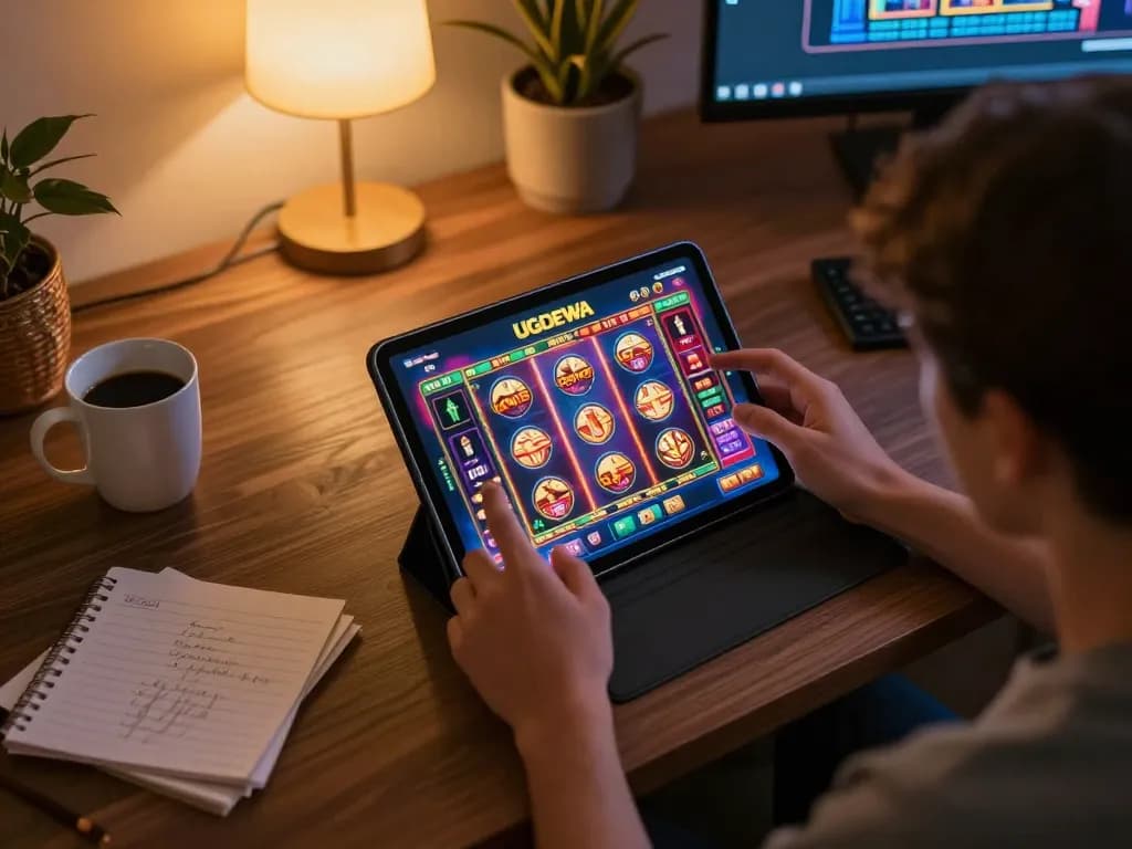 Engaging player immersed in UGDEWA online gaming on a tablet at home, showcasing strategic gameplay.