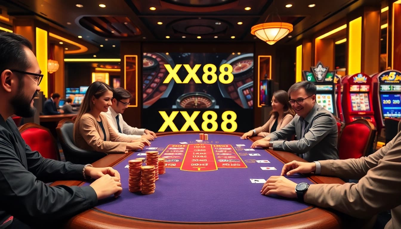 Players enjoying a thrilling poker game at XX88 casino with luxurious decor and vibrant atmosphere.