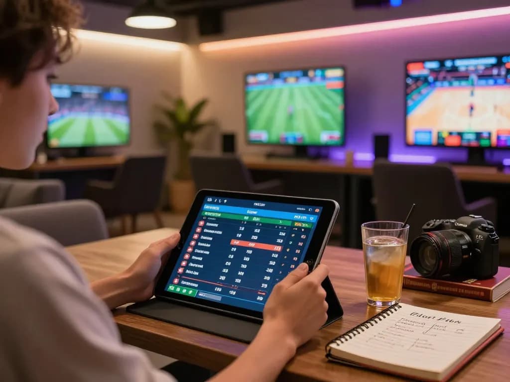 KONG88 user analyzing live betting odds on a tablet in a contemporary gaming setup.