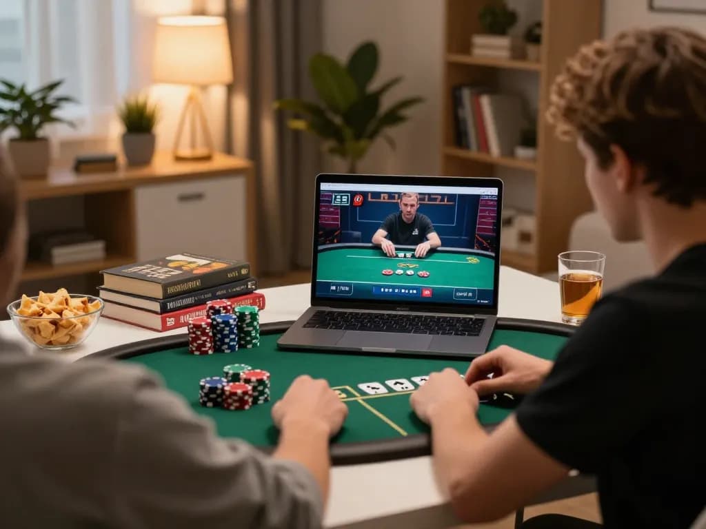 Người chơi tham gia poker trực tuyến tại nhà, trình bày các chiến lược lucks8 với chip và đồ ăn nhẹ xung quanh