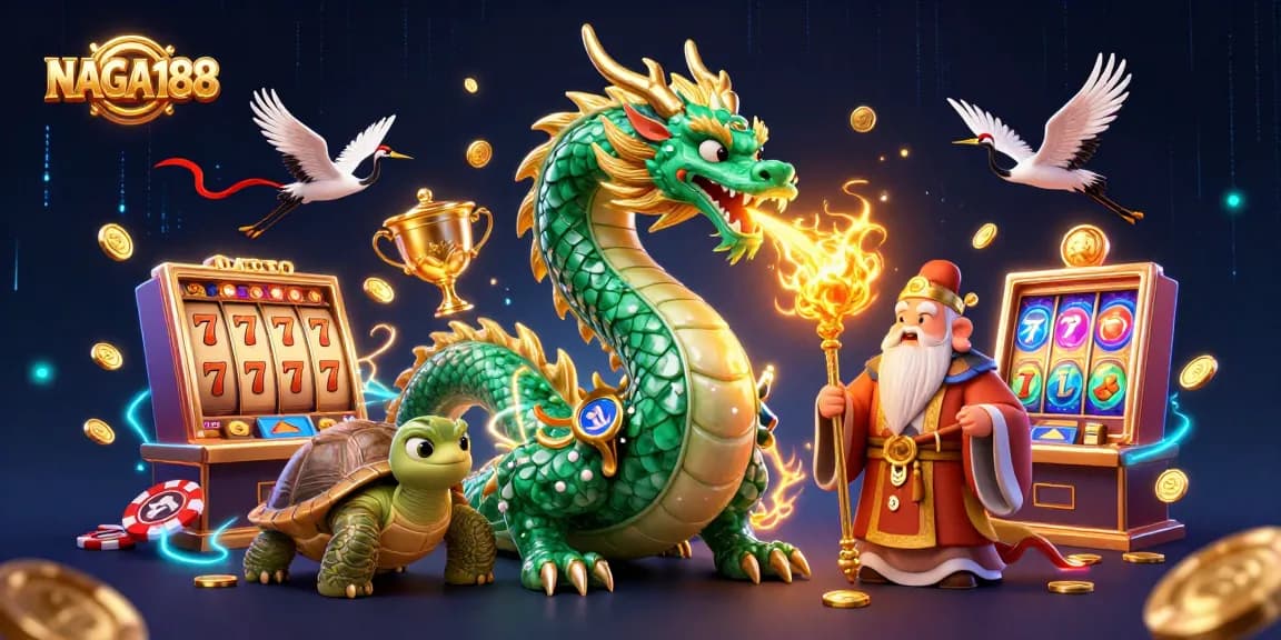 Menghidupkan peluang pemenang NAGA188 dengan naga hijau berapi dan simbol mesin slot di latar belakang.