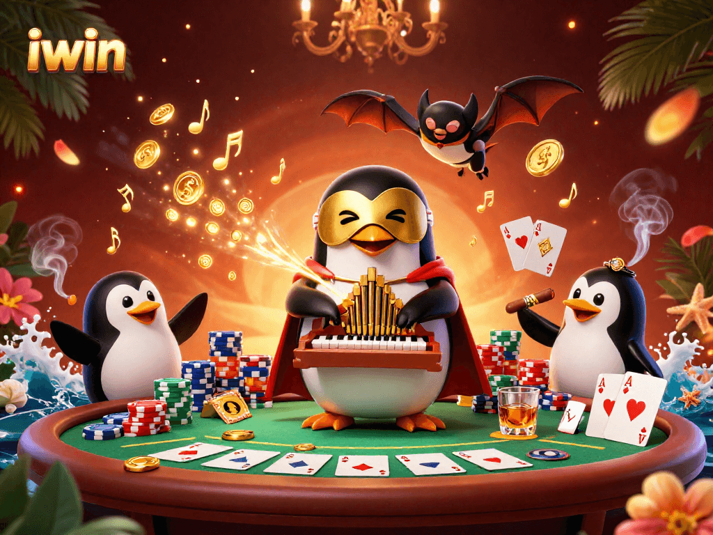 Engage with iwin's thrilling casino atmosphere, featuring a penguin organist and poker excitement.