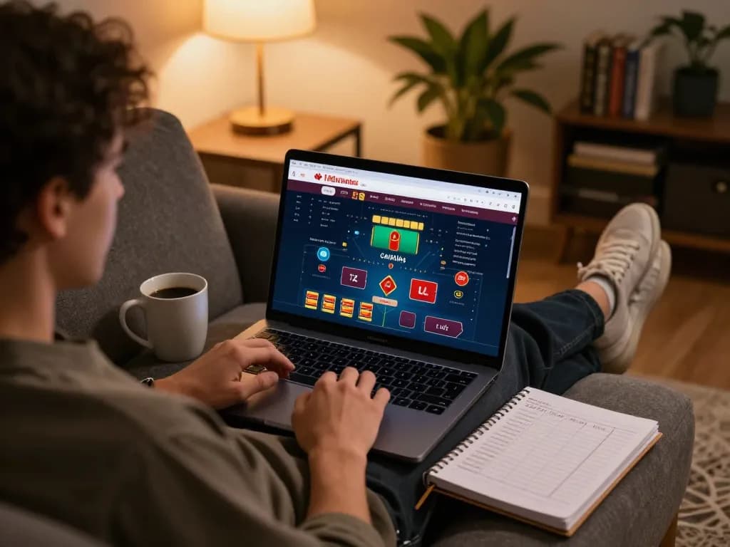 Engaged player exploring Canadian online casinos while enjoying a cozy home setup.