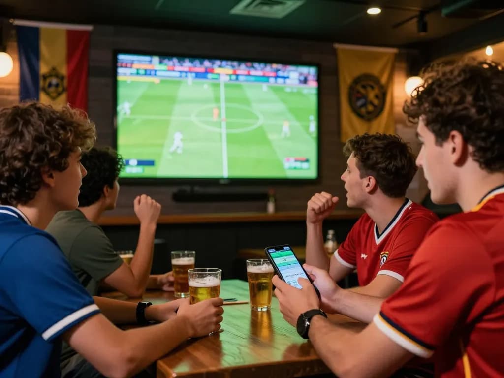 Thể Thao MM99 enthusiasts engage in live sports betting with excitement and drinks.