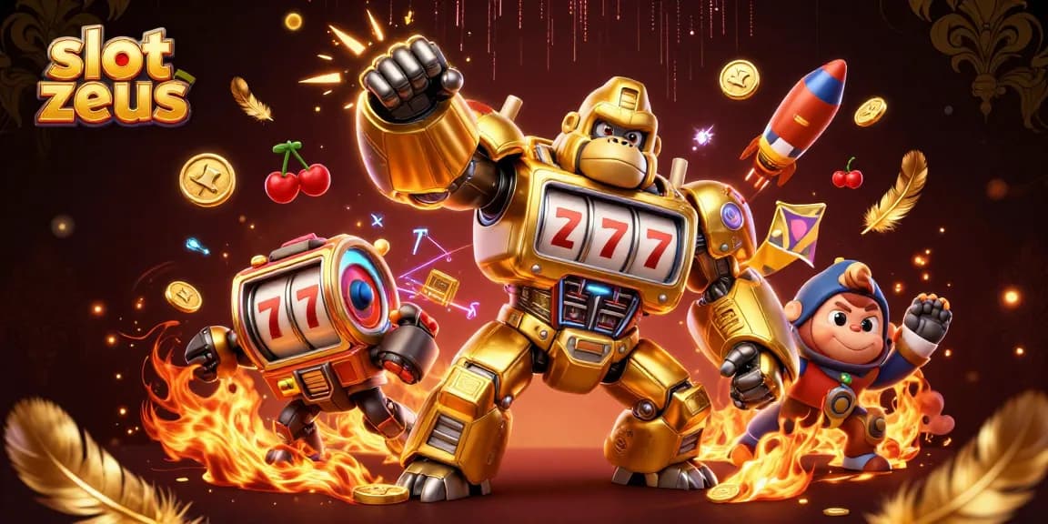 Spin to win with slot zeus, featuring an epic golden gorilla mech and vibrant casino elements.