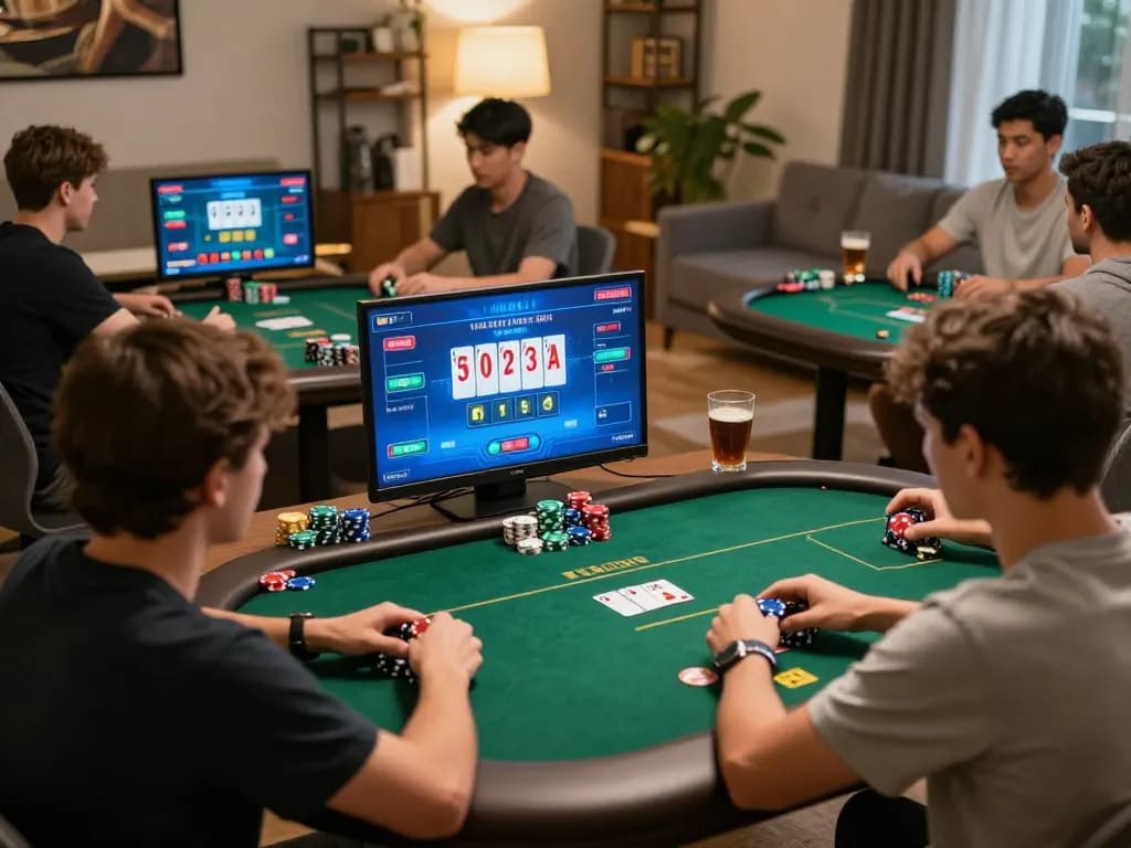 ok365 players strategizing during an online poker game with colorful graphics and snacks