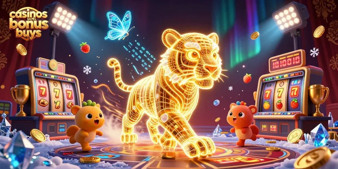 Engaging illustration showcasing casinos with bonus buys, featuring a golden tiger and casino elements
