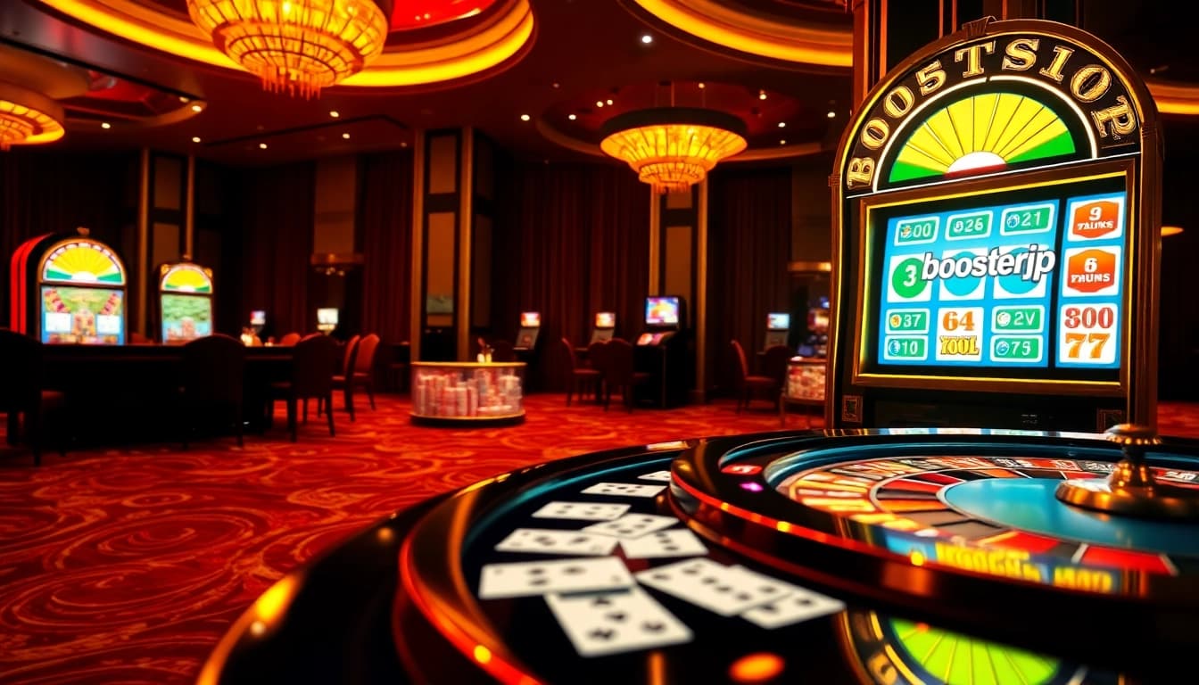 Boost your gaming experience with the vibrant "boosterjp" slot machine in our luxurious casino scene.