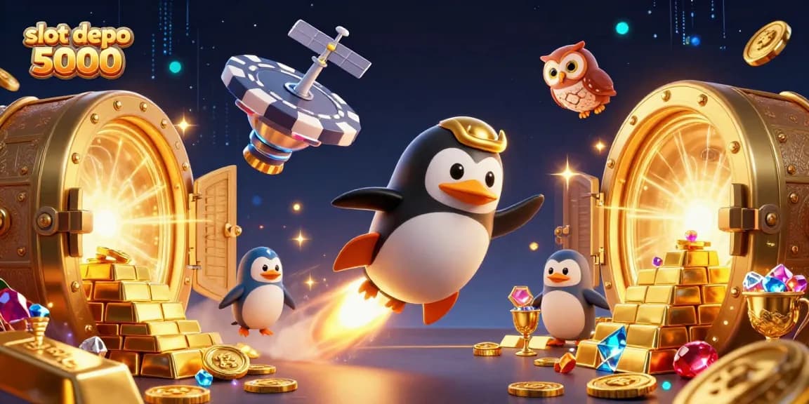 Spin the reels with slot depo 5000, featuring a penguin, gold coins, and a casino station!