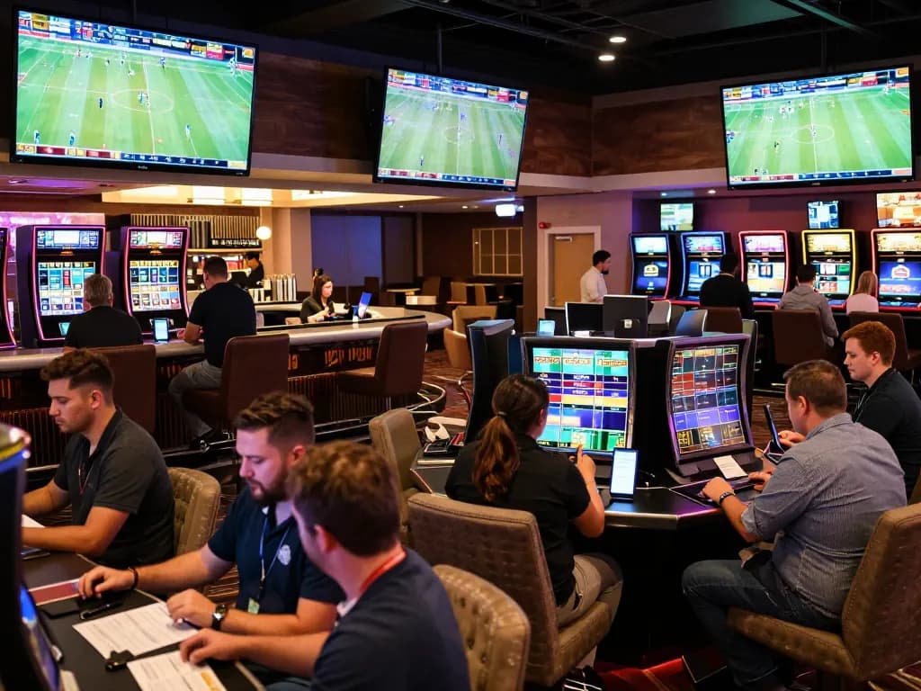 Soi kèo strategies are analyzed in a lively sports betting lounge with multiple screens showing live updates.