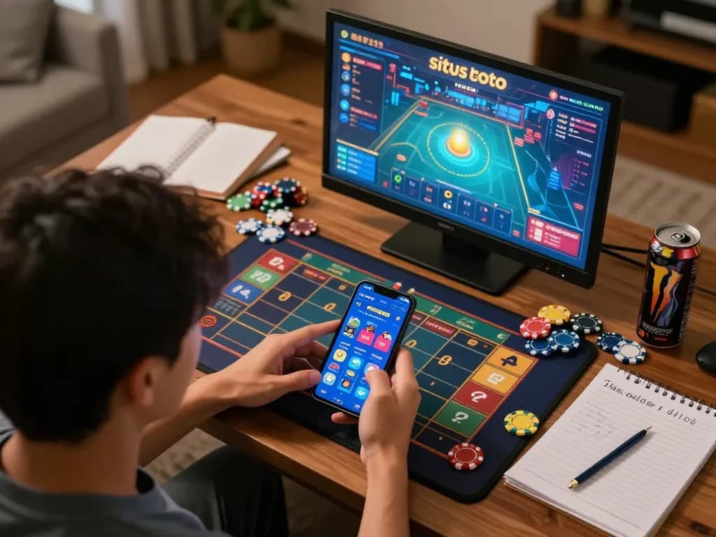 aksi permainan situs toto online dengan antarmuka aplikasi yang hidup dan suasana permainan yang fokus