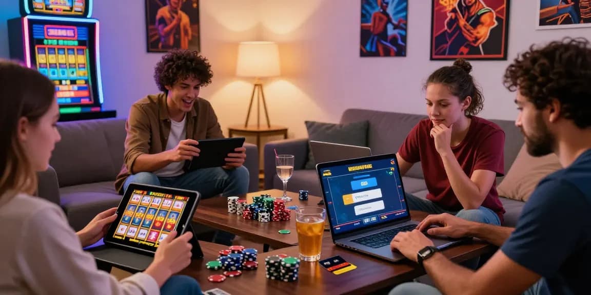 Exciting scene of players at credit card casinos UK, enjoying games on tablets and laptops with vibrant decor.