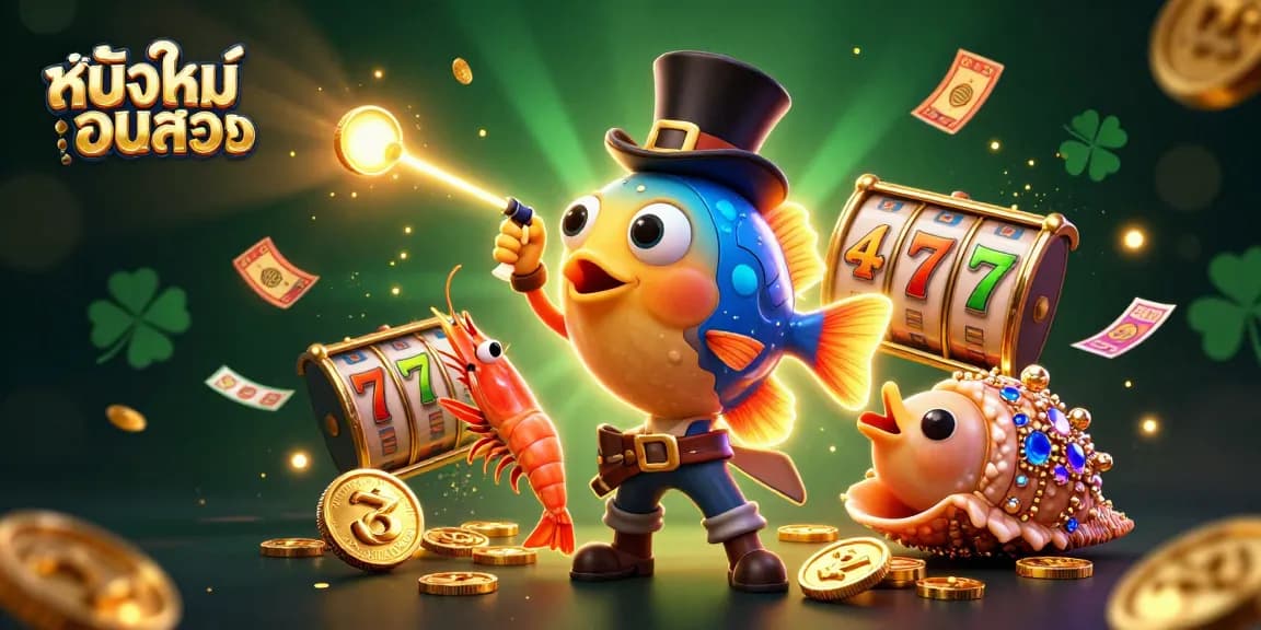 Immerse in หนังใหม่ชนโรง gaming excitement with animated characters collecting golden coins surrounded by vibrant slot reels and treasures.