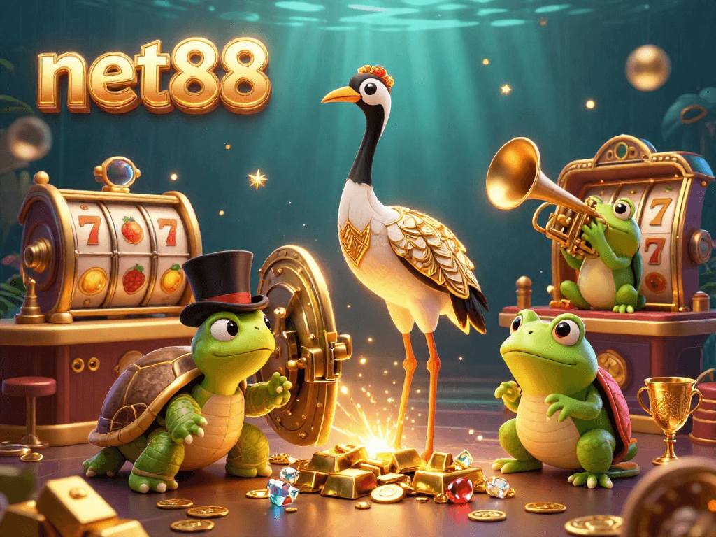 Engage with net88 at the thrilling slot reels amidst a glimmering 3D casino scene.