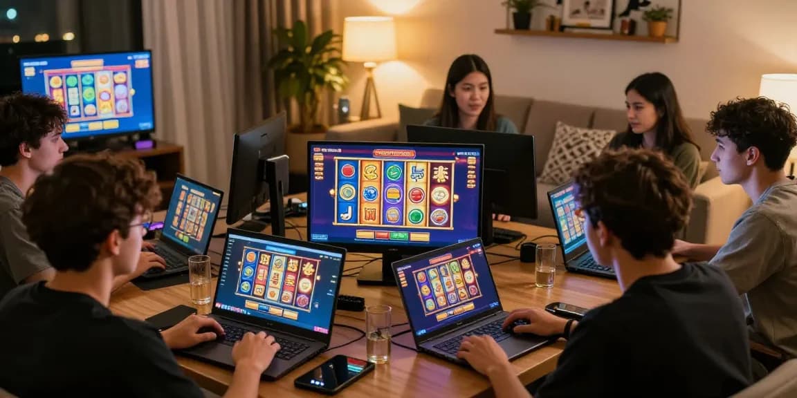Players enjoying bonus buy slots in a lively online casino atmosphere, with vibrant gaming screens and cozy setting.