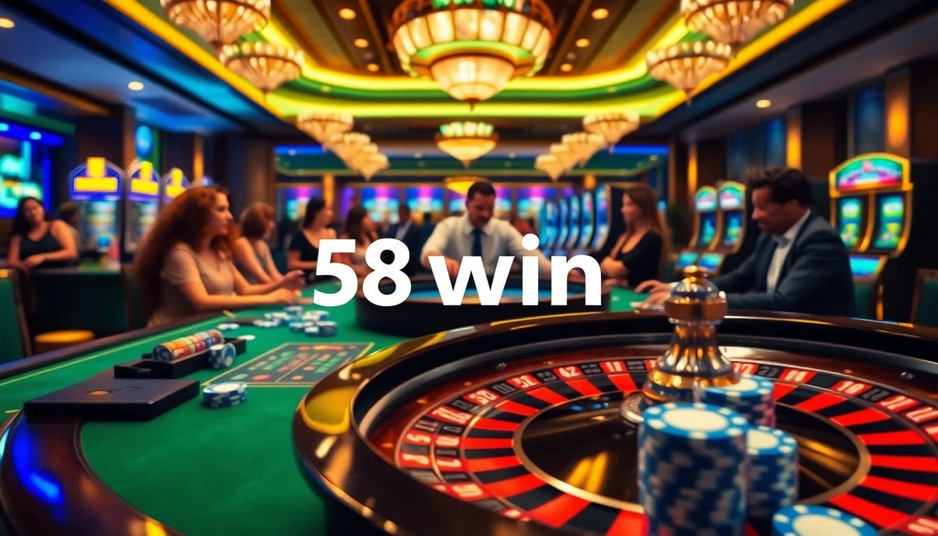 Experience the thrill of gambling at 58win with a vibrant casino scene showcasing roulette and poker excitement.