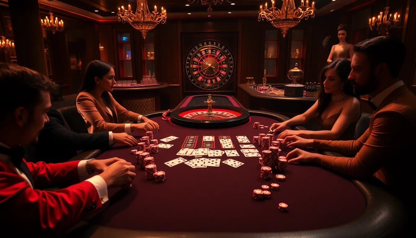 Experience the thrill of high-stakes poker with rik vip, showcasing luxe casino elements in an upscale setting.