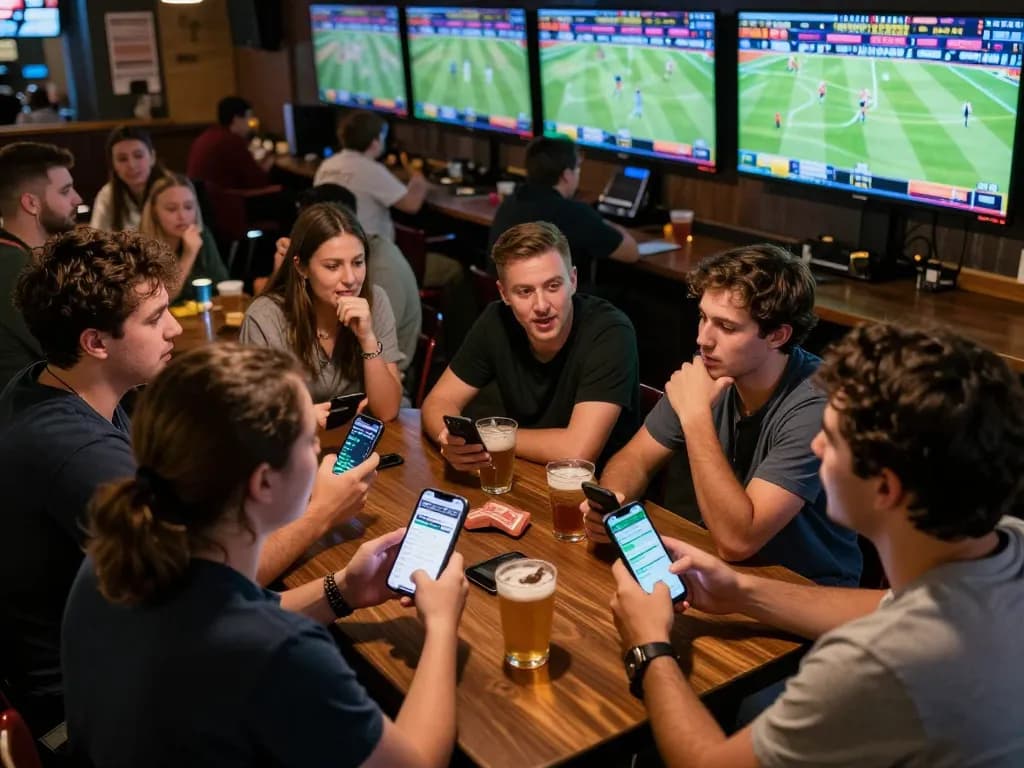 Soc88 patrons engaged in energetic sports betting, with excited users operating apps and cheering on live games.