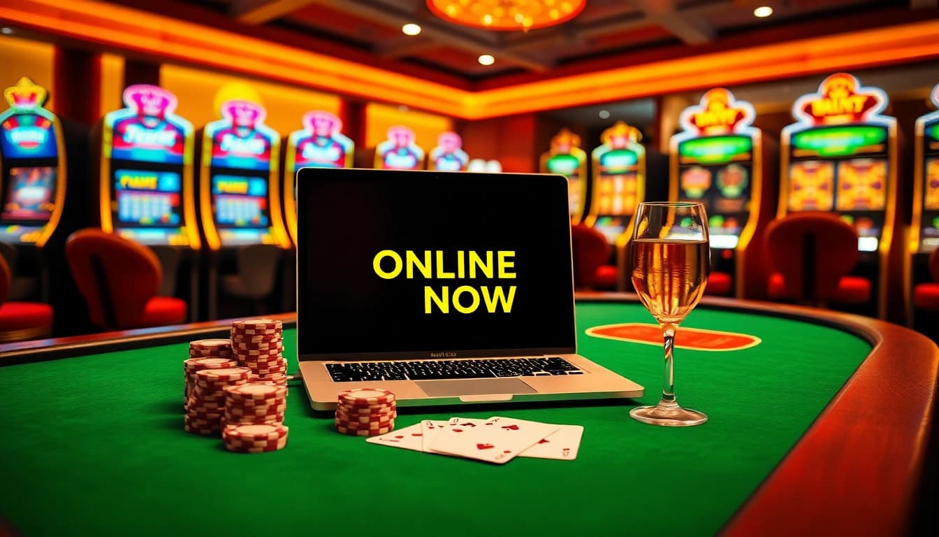 Engaging scene featuring Betting Online Now interface with casino table, chips, and cards.