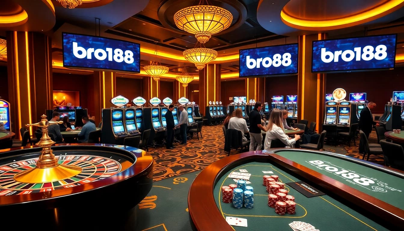 Experience the thrill of bro138 at a luxurious casino table with vibrant slot machines and enthusiastic players.